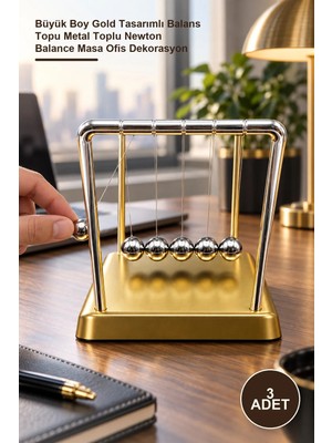 Yenilig 3 Adet Newton Denge Topu – Büyük Boy Gold Tasarımlı Balans Topu Metal Toplu Newton Balance Masa Ofis Dekorasyon