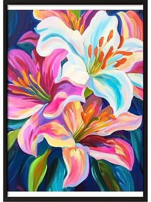 Defne Store Siyah Çerçeveli Tablo, Lilyum Çiçekleri, Canlı Renkler, Dijital Boyama Poster No: 107307 15 x 21