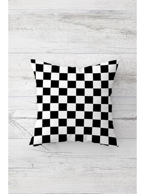 Defne Store Siyah-Beyaz Kare Desenli Çift Taraflı Baskılı Gizli Fermuarlı Yastık Kılıfı 45 x 45