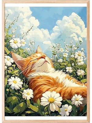 Defne Store Ahşap Çerçeveli Tablo, Papatyalar Arasında Yatan Kedi, Bahar Havası Poster No: 107346 21 x 30