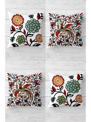 Defne Store Yastık; Pelangi Nakışlı Çiçek Kuş Desenli Etnik Gizli Fermuarlı Kırlent Kılıfı Koltuk Kılıfı TAKIM(4ADET), Kiremit 45 x 45