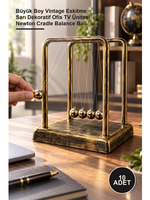 Yenilig 10 Adet Newton Denge Balans – Büyük Boy Vintage Eskitme Sarı Dekoratif Ofis Tv Ünitesi Newton Cradle Balance Ball