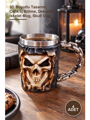 Yenilig 4 Adet Kuru Kafa Kupa – 3D Boyutlu Tasarım, Çelik Iç Bölme, Dekoratif Iskelet Mug, Skull Cup