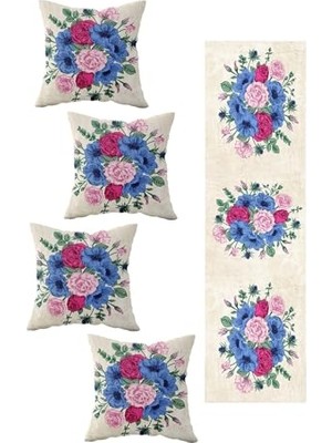 Defne Store Bej Mavi Güllü Çiçek Buketi Masa Değişik Renkli Modelleri Dekoratif 4'lü Kırlent Kılıfı Runner Seti, Pembe-Mavi-Bej 40 x 140