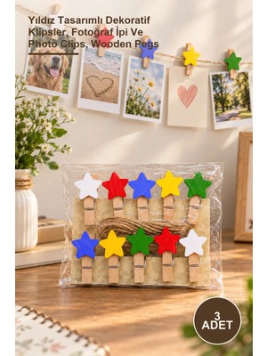 Yenilig 3 Adet Mini Ahşap Fotoğraf Mandalları – Yıldız Tasarımlı Dekoratif Klipsler, Fotoğraf Ipi ve Photo Clips, Wooden Pegs