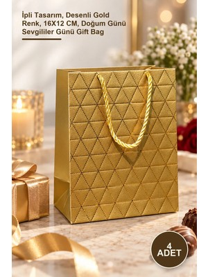 Yenilig 4 Adet Mini Boy Gold Karton Hediye Çantası – Ipli Tasarım, Desenli Gold Renk, 16X12 Cm, Doğum Günü Sevgililer Günü Gift Bag