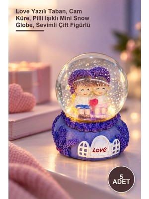 Yenilig 5 Adet Işıklı Mini Kar Küresi – Love Yazılı Taban, Cam Küre, Pilli Işıklı Mini Snow Globe, Sevimli Çift Figürlü