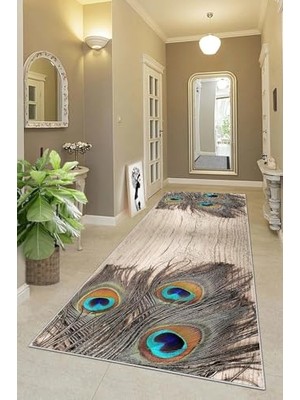 Defne Store Tavuskuşu Tüyü Desenli Eskitme Dijital Baskı Yıkanabilir Modern Salon Halı ve Yolluk, Kahverengi 100 x 200,95542371002007