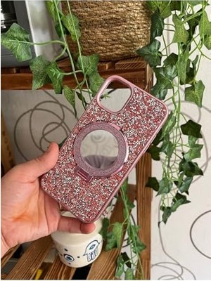 Defne Store iPhone 13 ve 14 Uyumlu Kırmızı Magsafe Kılıf, Ince Taşlı, Stantlı ve Aynalı