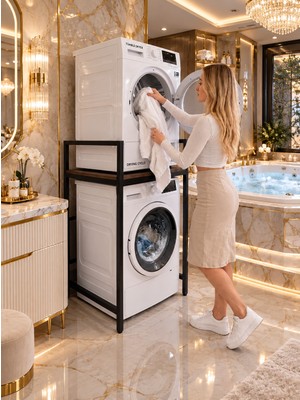 Homebella Premium Siyah Metal Çamaşır ve Kurutma Makinesi Dolabı Banyo Düzenleyici Raf