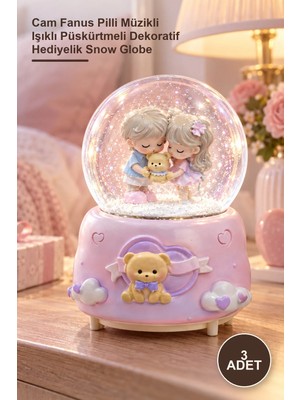 Yenilig 3 Adet Sevimli Çift Büyük Boy Kar Küresi – Cam Fanus Pilli Müzikli Işıklı Püskürtmeli Dekoratif Hediyelik Snow Globe