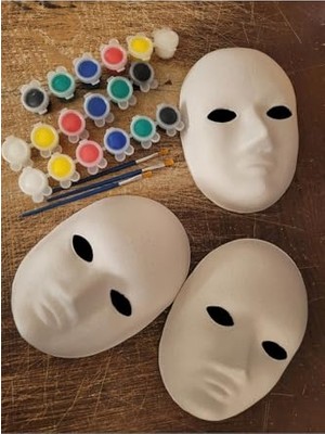 Defne Store 3 Adet Karton Maske 3 Adet Boya Resim Başlangıç Seti; 3'lü Set, Maske Boyama Seti