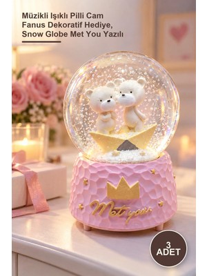 Yenilig 3 Adet Sevimli Ayıcık Büyük Kar Küresi – Müzikli Işıklı Pilli Cam Fanus Dekoratif Hediye, Snow Globe Met You Yazılı