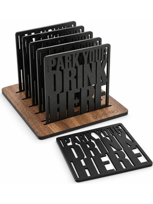 Doalino Stantlı Ahşap Bardak Altlığı Seti 6'lı – Siyah Modern Tasarım Park Your Drink Here