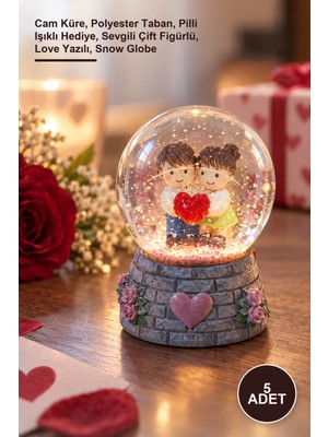 Yenilig 5 Adet Love Işıklı Mini Kar Küresi – Cam Küre, Polyester Taban, Pilli Işıklı Hediye, Sevgili Çift Figürlü, Love Yazılı, Snow Globe