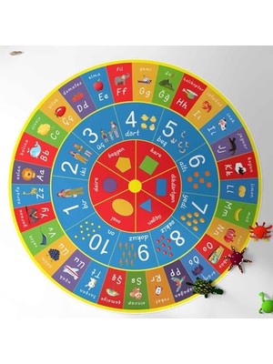 Defne Store Halısı, Çocuklar Için Eğitici Yuvarlak Oyun Harf Sayılar ve Şekilleri Öğrenmek Için Oyun Alanı (140 x 140)