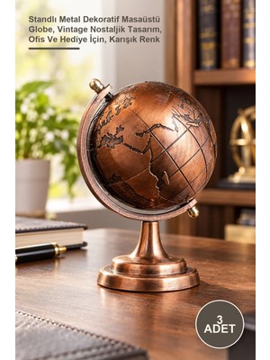 Yenilig 3 Adet Metal Dünya Küresi – Standlı Metal Dekoratif Masaüstü Globe, Vintage Nostaljik Tasarım, Ofis ve Hediye Için, Karışık Renk