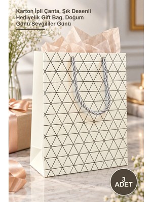 Yenilig 3 Adet Küçük Boy Beyaz Desenli Hediye Çantası – Karton Ipli Çanta, Şık Desenli Hediyelik Gift Bag, Doğum Günü Sevgililer Günü