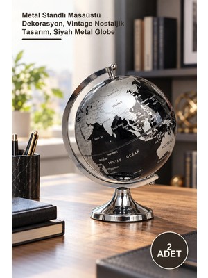 Yenilig 2 Adet Dekoratif Dünya Küresi – Metal Standlı Masaüstü Dekorasyon, Vintage Nostaljik Tasarım, Siyah Metal Globe