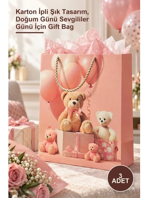 Yenilig 3 Adet Büyük Boy Ayıcık Desenli Pembe Hediye Çantası – Karton Ipli Şık Tasarım, Doğum Günü Sevgililer Günü Için Gift Bag