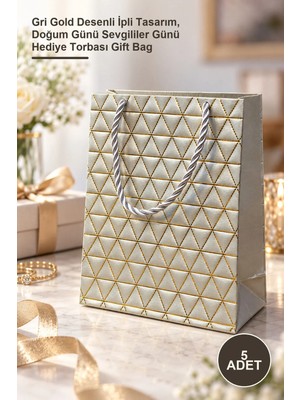 Yenilig 5 Adet Mini Boy Karton Hediye Çantası – Gri Gold Desenli Ipli Tasarım, Doğum Günü Sevgililer Günü Hediye Torbası Gift Bag