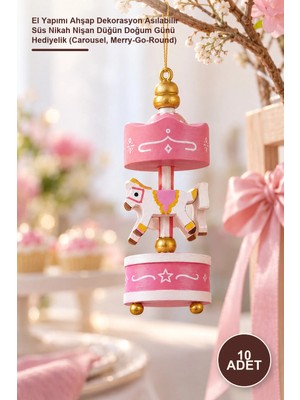 Yenilig 10 Adet Pembe Mini Atlı Karınca – El Yapımı Ahşap Dekorasyon Asılabilir Süs Nikah Nişan Düğün Doğum Günü Hediyelik (Carousel, Merry-Go-Round)