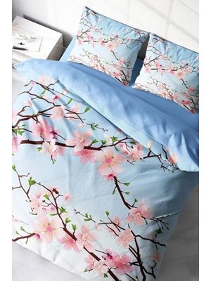 Defne Store King Size Blue Cherry Blossom 3D Çift Kişilik Nevresim Takımı, MONOHOME17965