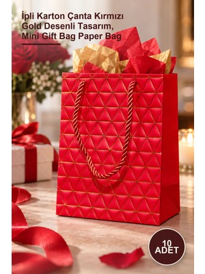 Yenilig 10 Adet Mini Boy Mukavva Hediye Çantası – Ipli Karton Çanta Kırmızı Gold Desenli Tasarım, Mini Gift Bag Paper Bag