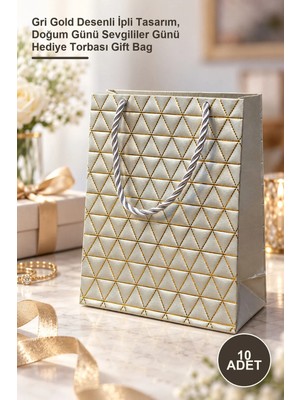 Yenilig 10 Adet Mini Boy Karton Hediye Çantası – Gri Gold Desenli Ipli Tasarım, Doğum Günü Sevgililer Günü Hediye Torbası Gift Bag