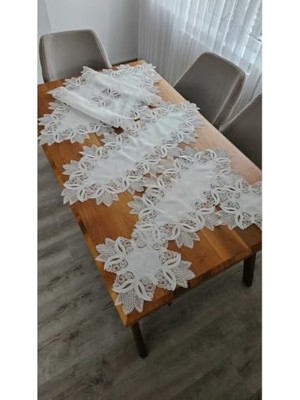 Defne Store Keten Üzerine Ağar Güpürlü Lüx Salon Takımları Ekru Lale 60 x 150