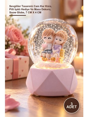 Yenilig 3 Adet Mini Işıklı Kar Küresi – Sevgililer Tasarımlı Cam Kar Küre, Pilli Işıklı Hediye ve Masa Dekoru, Snow Globe, 7 cm x 4 cm