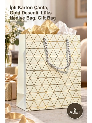 Yenilig 5 Adet Büyük Beyaz Desenli Hediye Çantası – Ipli Karton Çanta, Gold Desenli, Lüks Hediye Bag, Gift Bag