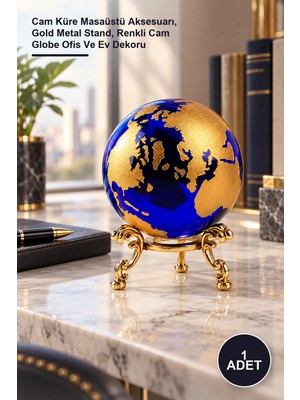 Yenilig 1 Adet Dekoratif Standlı Dünya – Cam Küre Masaüstü Aksesuarı, Gold Metal Stand, Renkli Cam Globe Ofis ve Ev Dekoru
