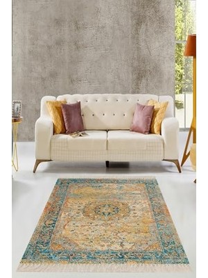 Defne Store Osmanlı Motifler Desenli Yıkanabilir Kaymaz Taban Salon Halısı, Bej 160 x 230