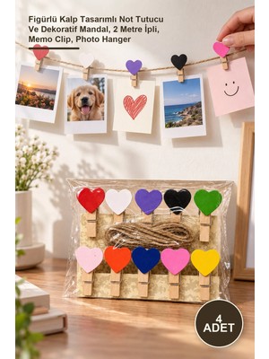 Yenilig 4 Adet Ipli Notluk Mandal – Figürlü Kalp Tasarımlı Not Tutucu ve Dekoratif Mandal, 2 Metre Ipli, Memo Clip, Photo Hanger