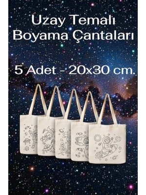 Defne Store Stonehill Uzay Temalı Boyama Çantası 5'li Set, 20X30 cm Bez Boyama Çantası - Çocuklar Için Boyanabilir Aktivite Çantası - Keçeli Kalem ve Kumaş Boyasına Uygun