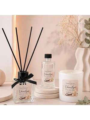 Defne Store Vanilya Kokulu 3'lü Dekoratif Oda Kokusu Seti, 100 ml Çubuklu Oda Kokusu, 100 ml Yedek, Cam Bardak Mum, Beyaz