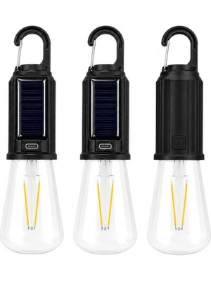 Defne Store 3’lü Set Solar Şarjlı LED Kamp Lambası, Type-C Şarj Girişli Sıcak Beyaz Işıklı Askı Kancalı Taşınabilir Ampul, Kamp Çadır Karavan Bahçe ve Elektrik Kesintisi Için
