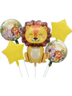 Partixa 5'li Safari Aslan Konseptli Folyo Balon Seti - Happy Birthday Orman Temalı Doğum Günü Parti Süsü