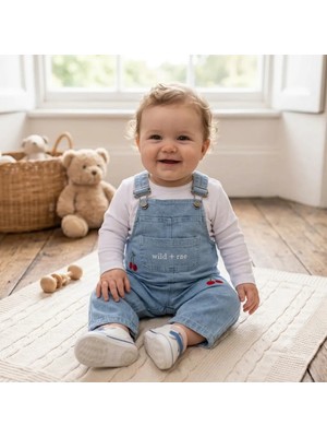 Asyaden Baby Kız Bebek 6-24 Ay Kiraz Nakışlı Denim Salopet Uzun Kollu Takım