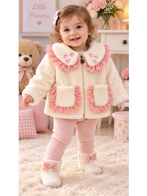 Bes Trend Kız Bebek  Kız Çocuk Peluş Bebe Yaka Nakışlı Cepli Fermuarlı Hırka