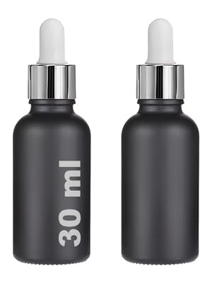 Defne Store 30 ml Mat Siyah Cam Damlalıklı Serum Şişesi 30 cc Renkli Metal Kapaklı Dropper Cam Şişe 2 Adet (Gümüş Yüzük | Beyaz Lastik)