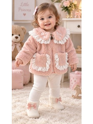 Bes Trend Kız Bebek  Kız Çocuk Peluş Bebe Yaka Nakışlı Cepli Fermuarlı Hırka