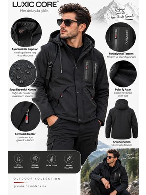 Luxic Core Luxıc Core Erkek Kürklü Kapüşonlu Softshell Kışlık Mont Siyah L Suya ve Rüzgara Dayanıklı