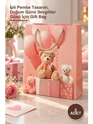 Yenilig 5 Adet Karton Ayıcık Desenli Küçük Hediye Çantası – Ipli Pembe Tasarım, Doğum Günü Sevgililer Günü Için Gift Bag