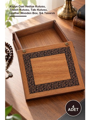 Yenilig 4 Adet Derili Ahşap Kutu – Kişiye Özel Hediye Kutusu, Tesbih Kutusu, Takı Kutusu, Leather Wooden Box, Şık Tasarım