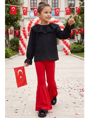 Parla Kids Kız Çocuk Yasmin Siyah Dantelli Bluz Kırmızı  Pantolon Alt Üst Takım 29 Ekim Gösteri Kıyafeti