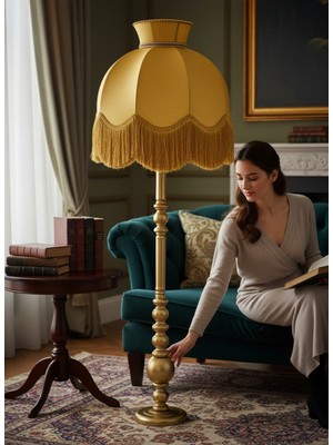 dekovien Gold Kadife Başlık Gold Ahşap Ayaklı Lambader Vintage Model 170X50CM