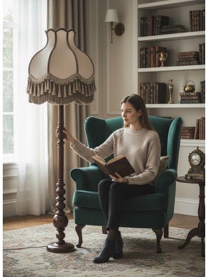 dekovien Vizon Kadife Başlık Koyu Ceviz Ahşap Ayaklı Lambader Vintage Model 170X50CM