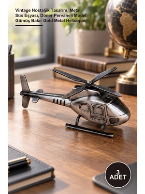Yenilig 3 Adet Dekoratif Metal Helikopter – Vintage Nostaljik Tasarım, Metal Süs Eşyası, Döner Pervaneli Model, Gümüş Bakır Gold Metal Helicopter